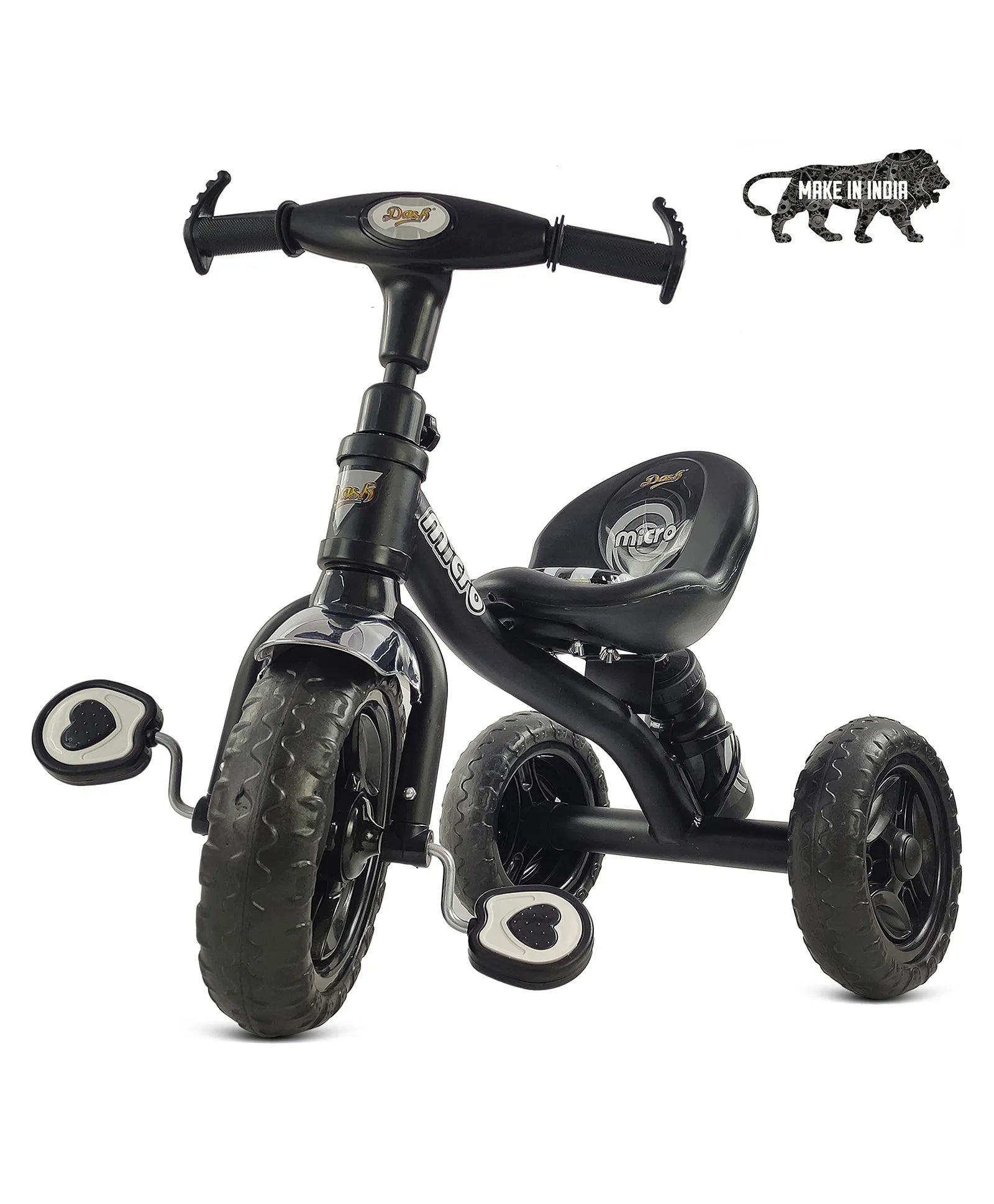 Black tricycle for children aged 3 to 5 years, with a sturdy frame and comfortable seat, in an urban setting. www.usmile.toys