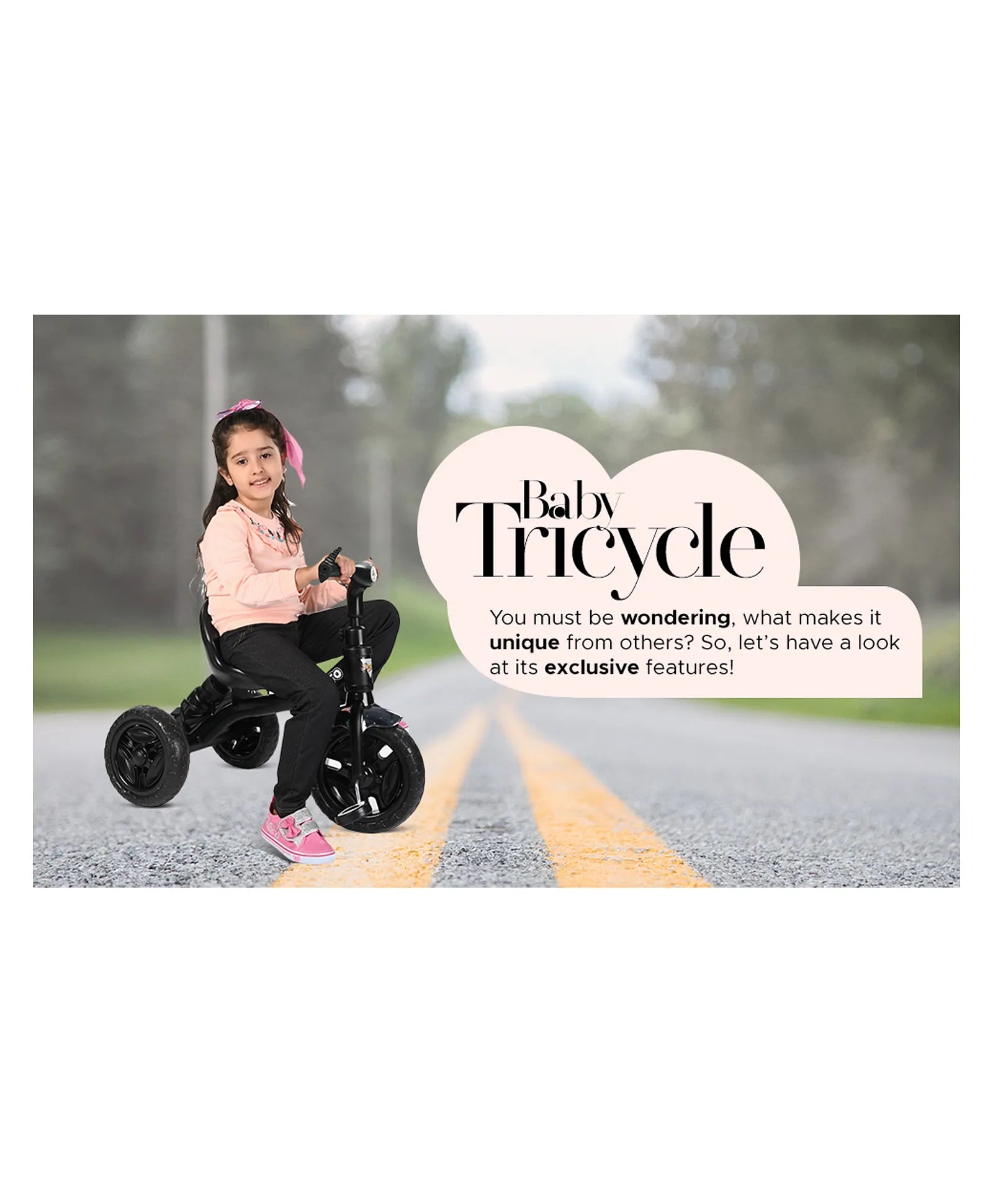 Black tricycle for children aged 3 to 5 years, with a sturdy frame and comfortable seat, in an urban setting. www.usmile.toys