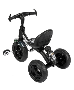 Black tricycle for children aged 3 to 5 years, with a sturdy frame and comfortable seat, in an urban setting. www.usmile.toys