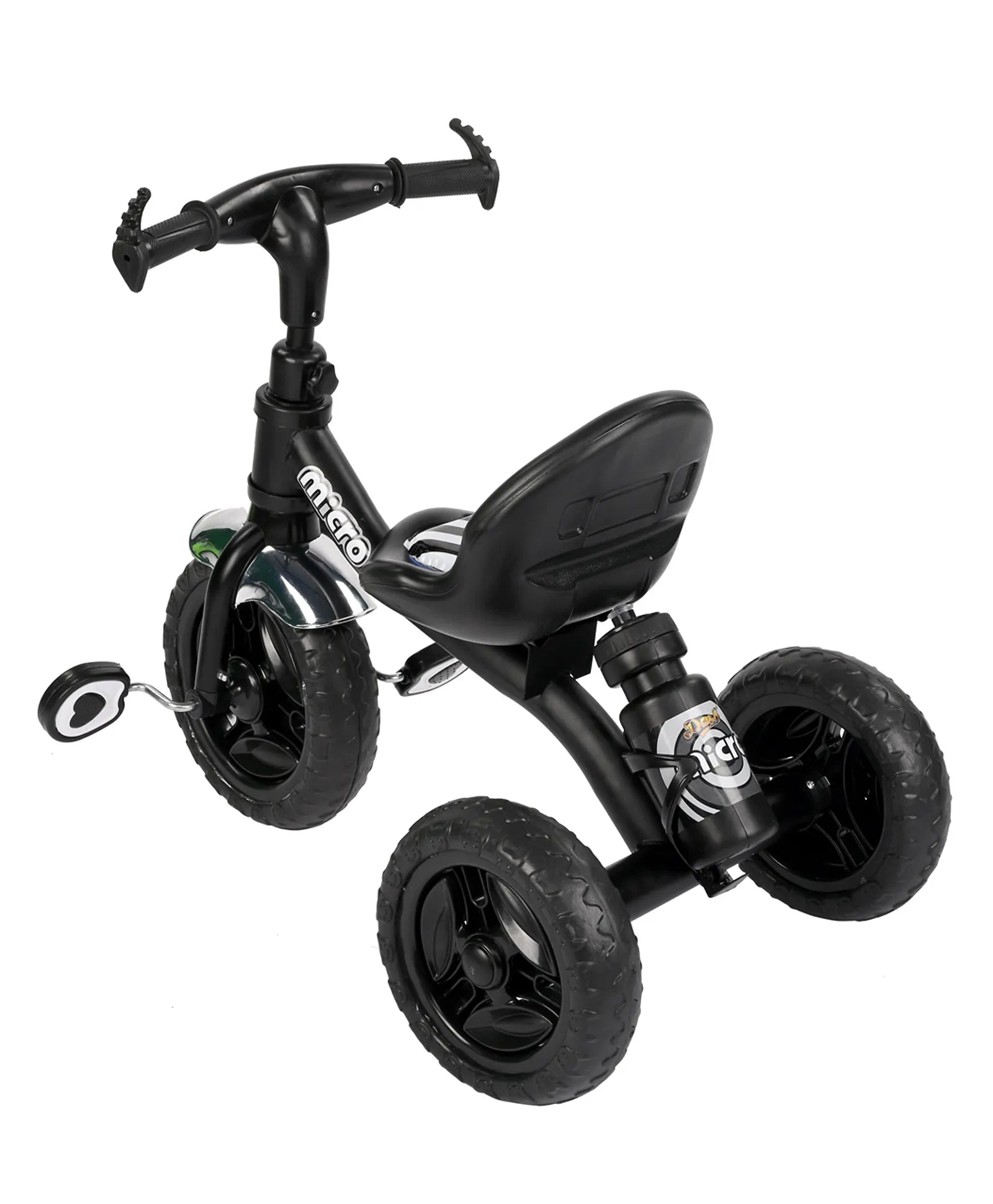 Black tricycle for children aged 3 to 5 years, with a sturdy frame and comfortable seat, in an urban setting. www.usmile.toys