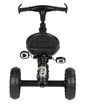 Black tricycle for children aged 3 to 5 years, with a sturdy frame and comfortable seat, in an urban setting. www.usmile.toys