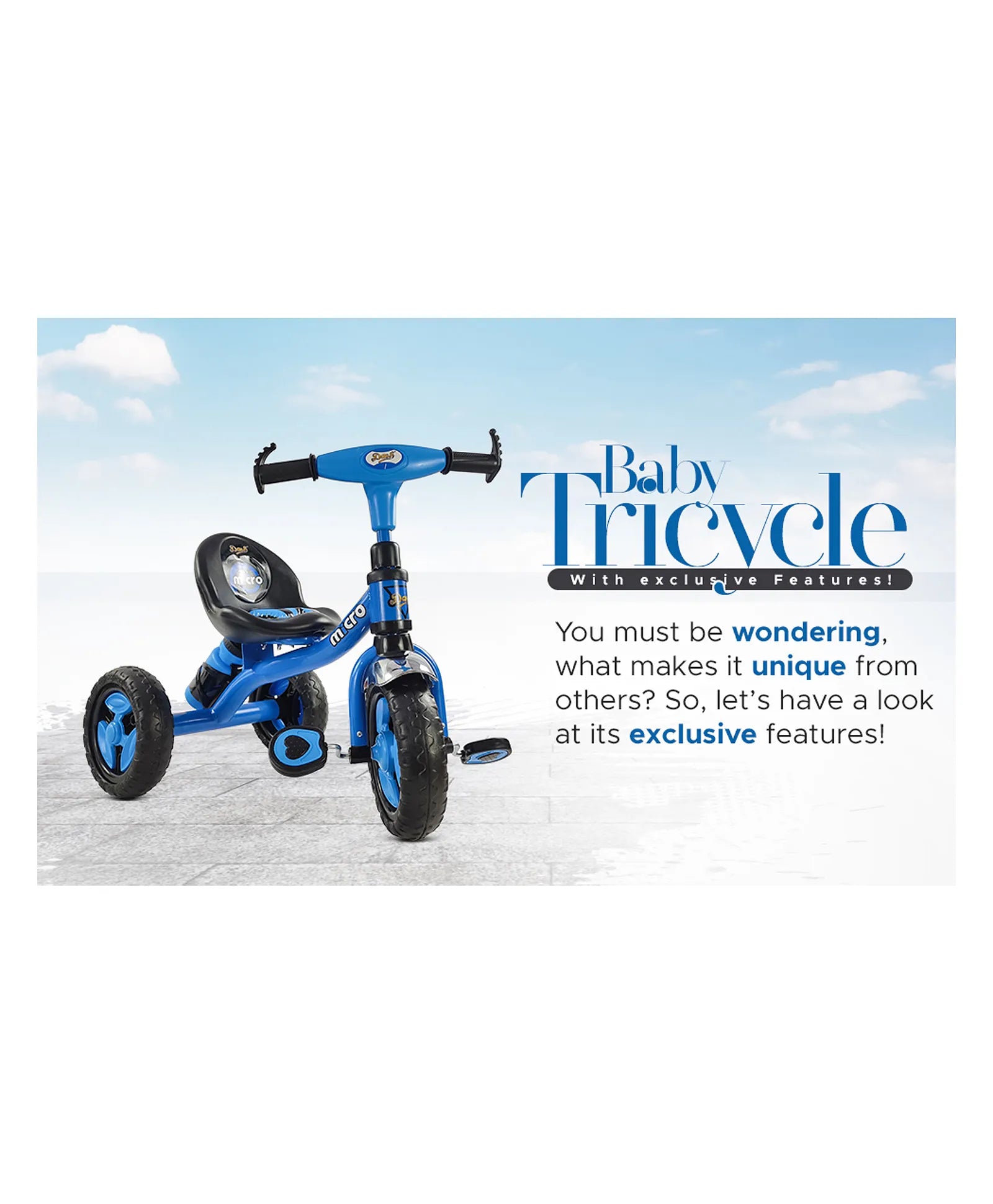 Black tricycle for children aged 3 to 5 years, with a sturdy frame and comfortable seat, in an urban setting. www.usmile.toys