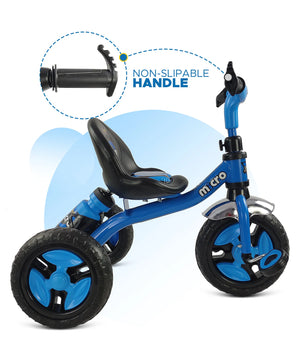 Black tricycle for children aged 3 to 5 years, with a sturdy frame and comfortable seat, in an urban setting. www.usmile.toys