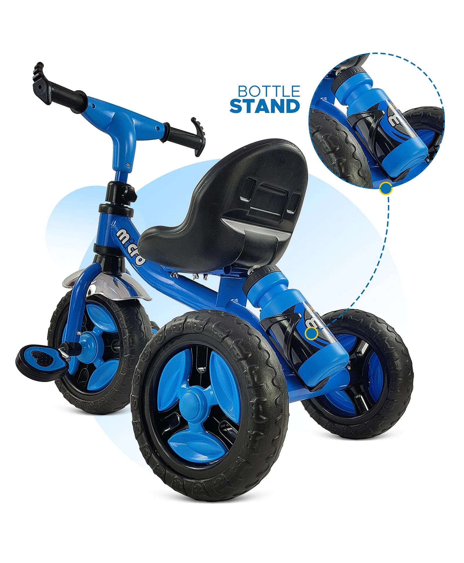 Black tricycle for children aged 3 to 5 years, with a sturdy frame and comfortable seat, in an urban setting. www.usmile.toys