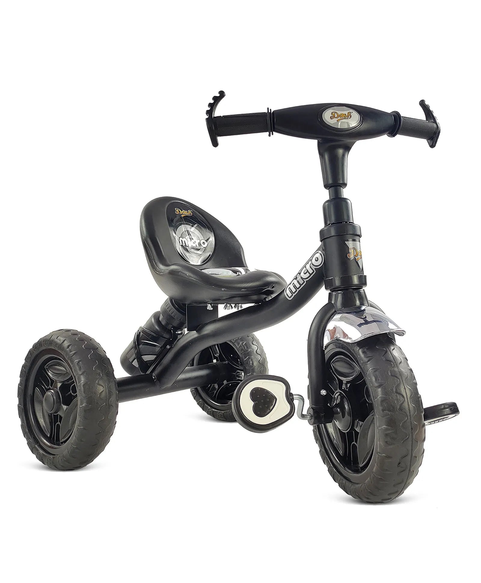 Black tricycle for children aged 3 to 5 years, with a sturdy frame and comfortable seat, in an urban setting. www.usmile.toys