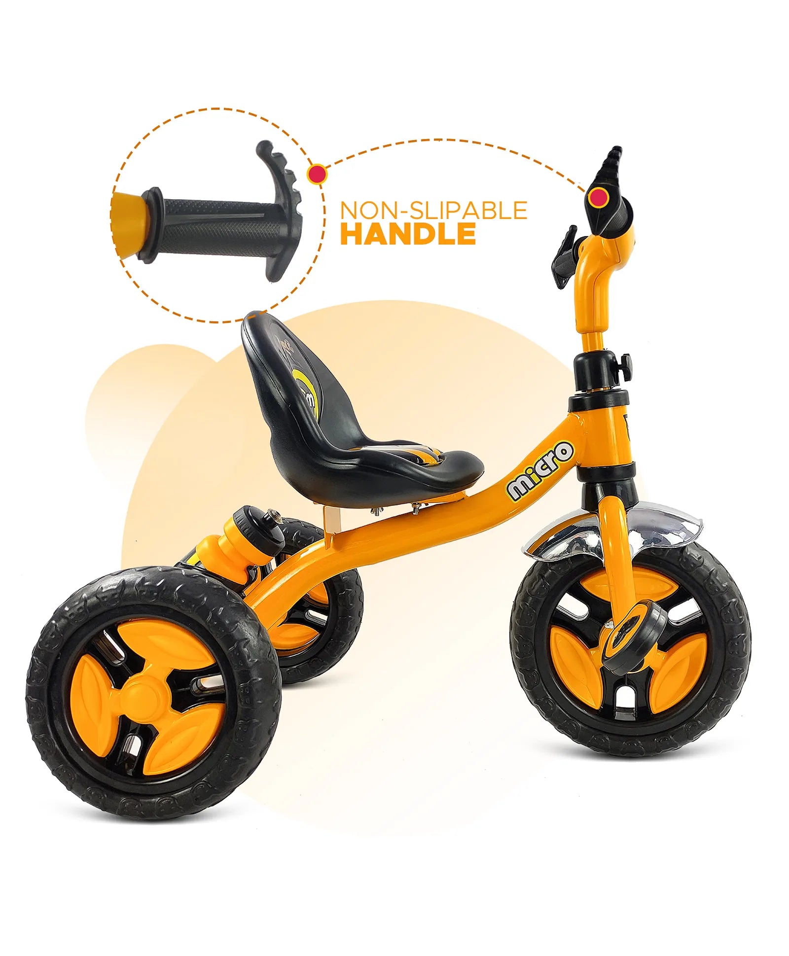 Black tricycle for children aged 3 to 5 years, with a sturdy frame and comfortable seat, in an urban setting. www.usmile.toys