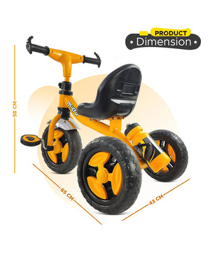 Black tricycle for children aged 3 to 5 years, with a sturdy frame and comfortable seat, in an urban setting. www.usmile.toys