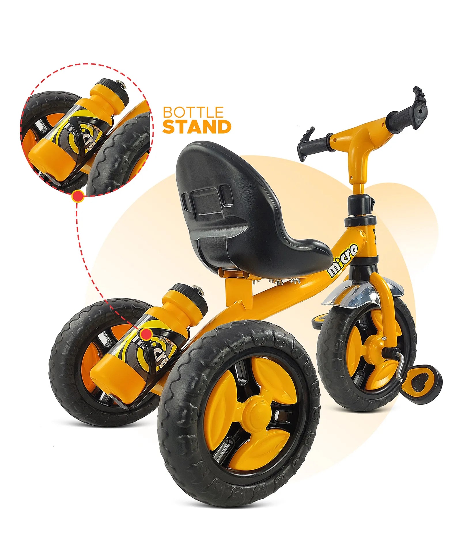 Black tricycle for children aged 3 to 5 years, with a sturdy frame and comfortable seat, in an urban setting. www.usmile.toys