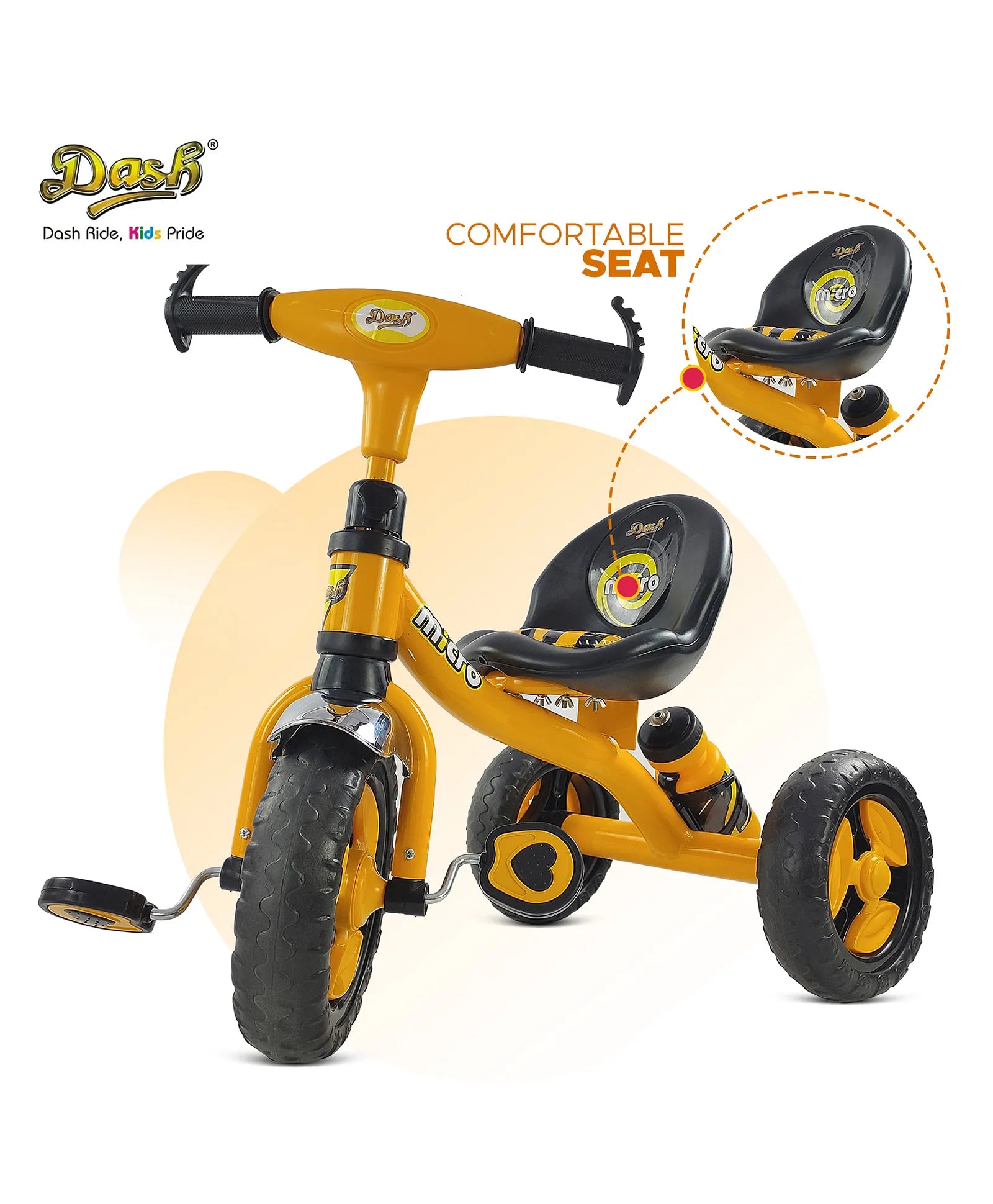 Black tricycle for children aged 3 to 5 years, with a sturdy frame and comfortable seat, in an urban setting. www.usmile.toys