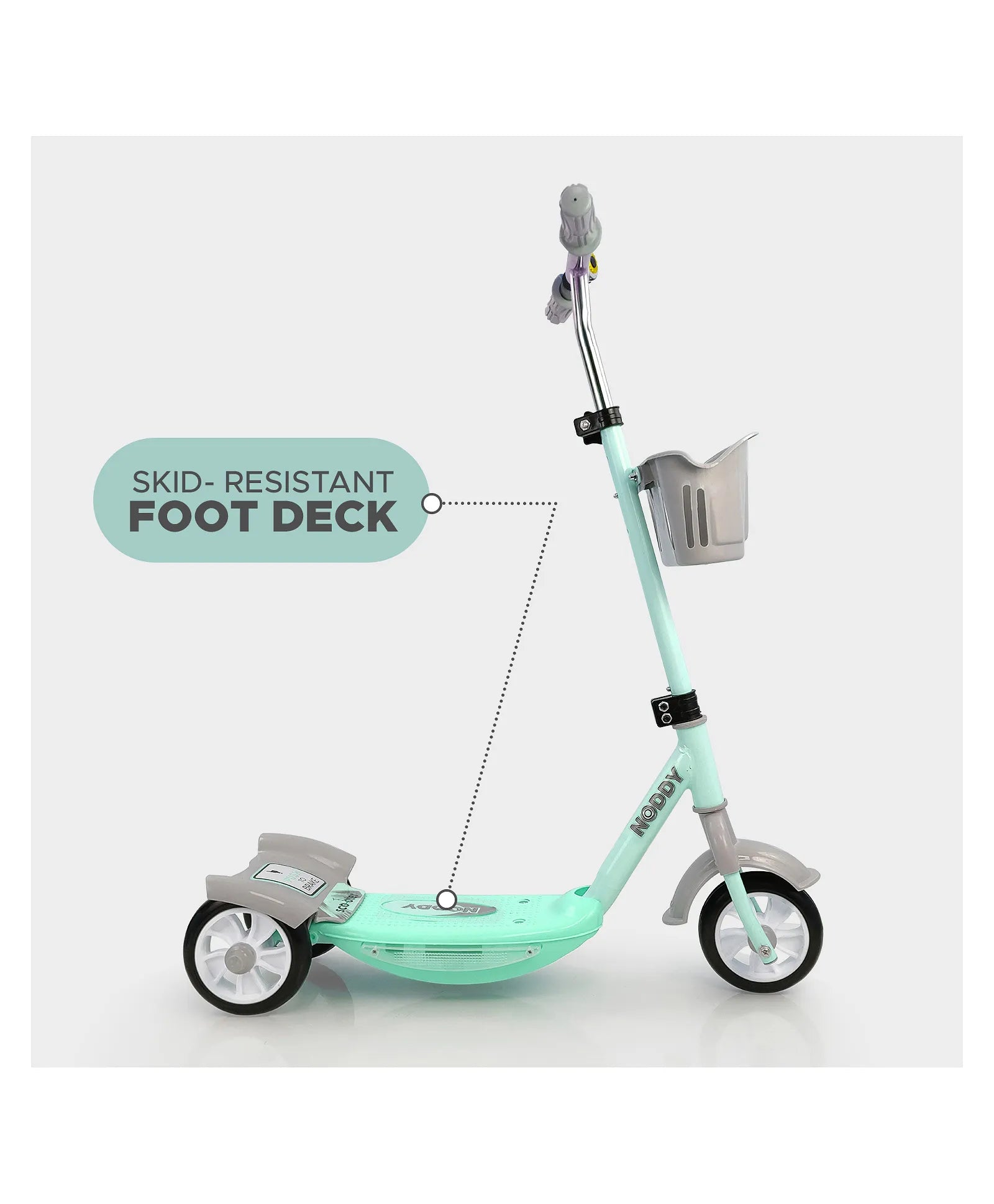 Kid-friendly green and grey scooter with an adjustable handlebar and sturdy design, ideal for young riders 3 years and up www.usmile.toys