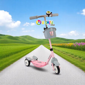 Dash New Noddy Scooter in green and grey for kids aged 3+ years, featuring a front basket and bell, on a scenic path www.usmile.toys
