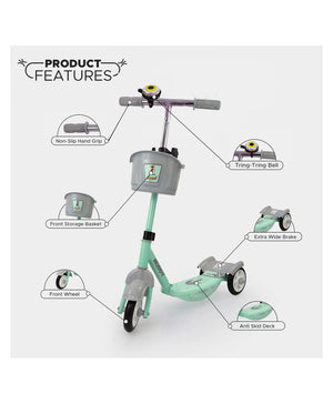 Kid-friendly green and grey scooter with an adjustable handlebar and sturdy design, ideal for young riders 3 years and up www.usmile.com