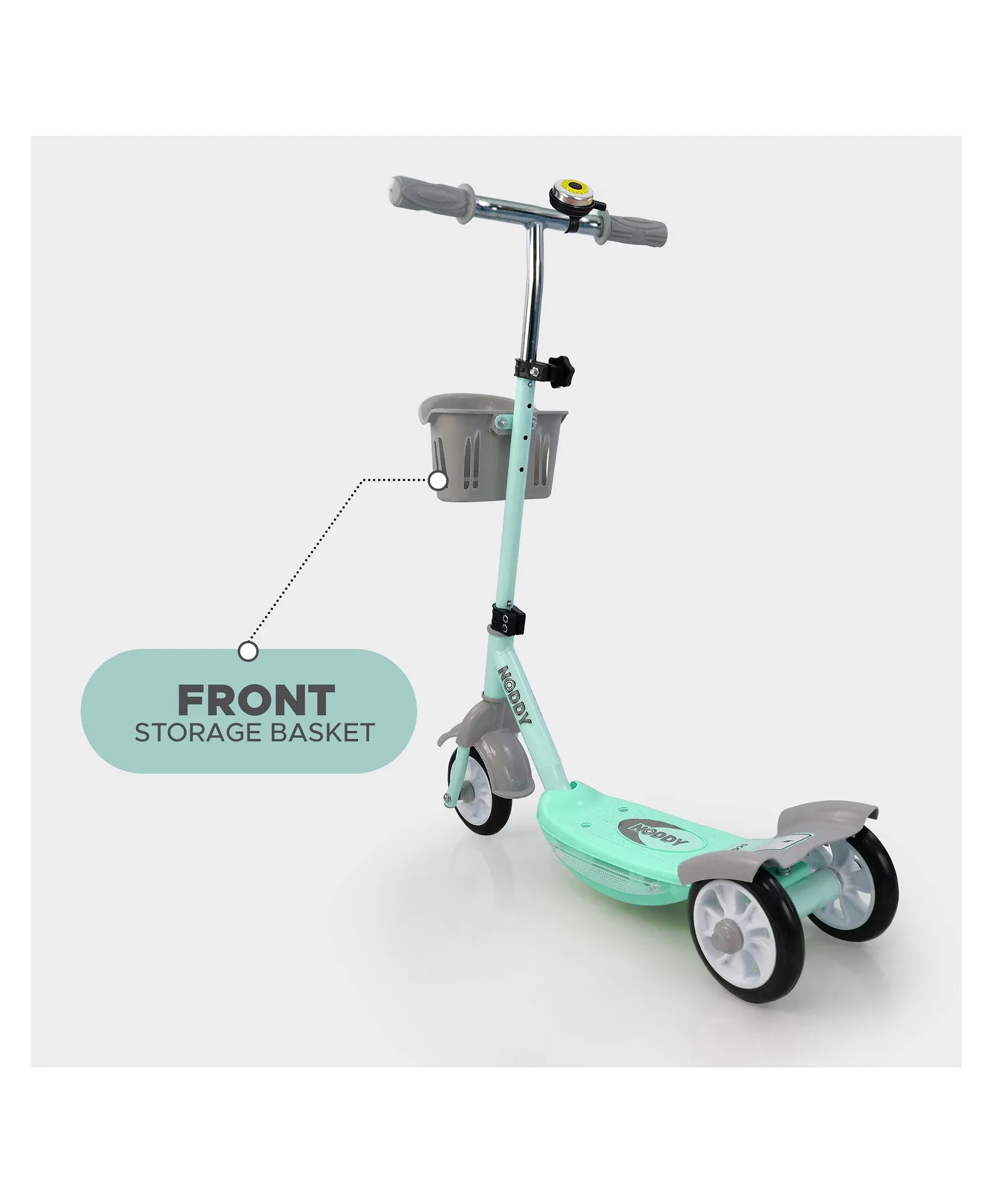 Durable Dash Noddy scooter for boys and girls, promoting balance and coordination, visible on a green landscape www.usmile.toys