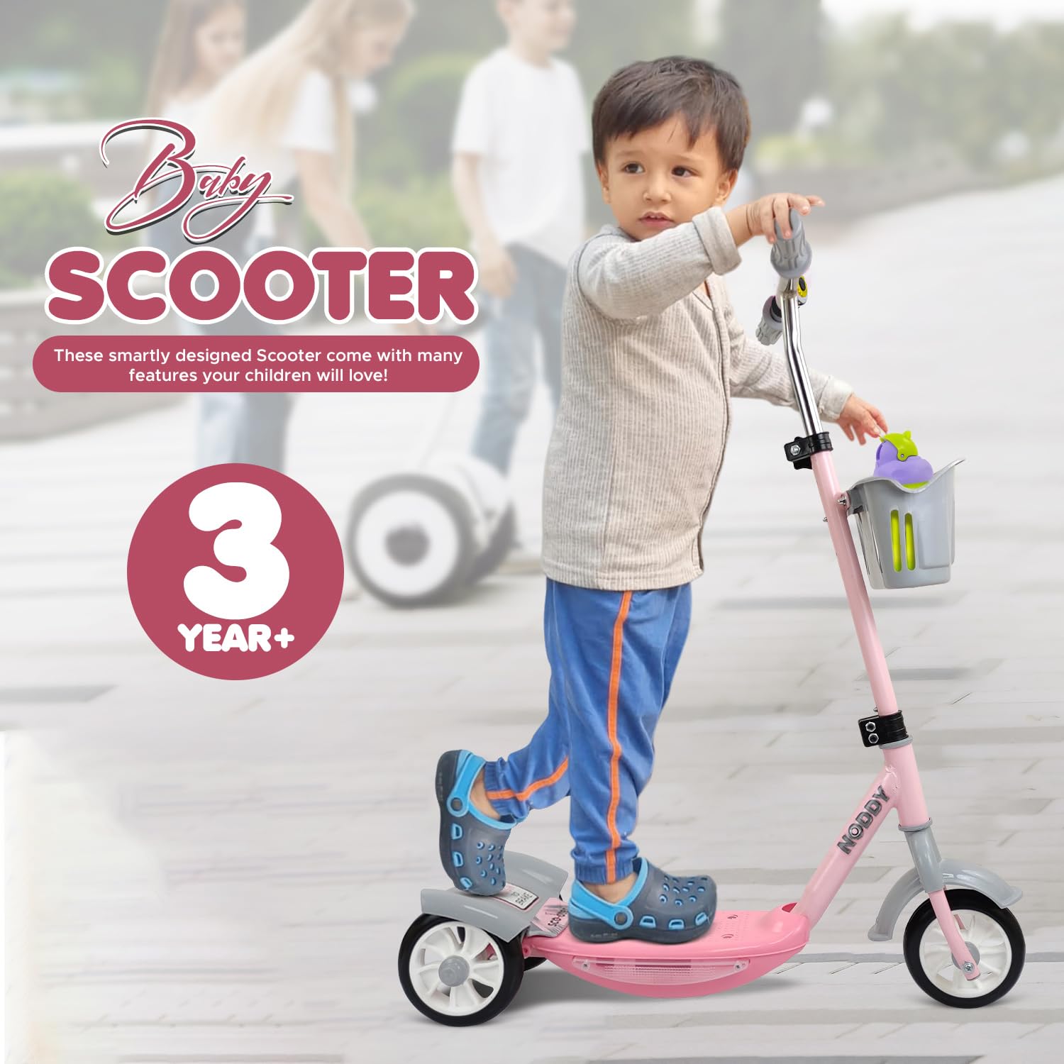 Durable Dash Noddy scooter for boys and girls, promoting balance and coordination, visible on a green landscape www.usmile.toys