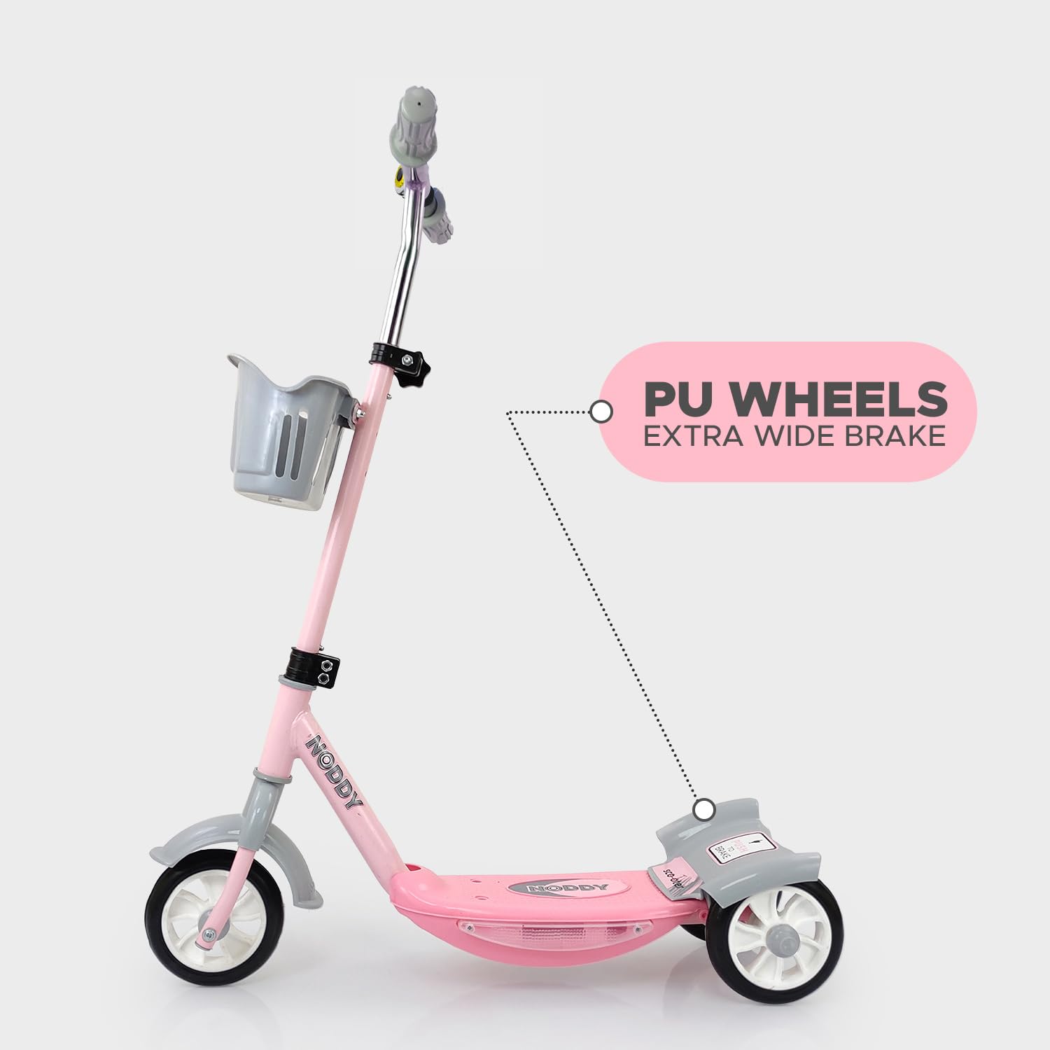 Usmile® brand Noddy scooter for preschool kids, with a removable basket and bell, offering a fun and safe riding experience www.usmile.toys