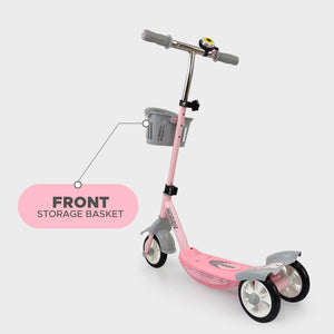 Usmile® brand Noddy scooter for preschool kids, with a removable basket and bell, offering a fun and safe riding experience www.usmile.toys