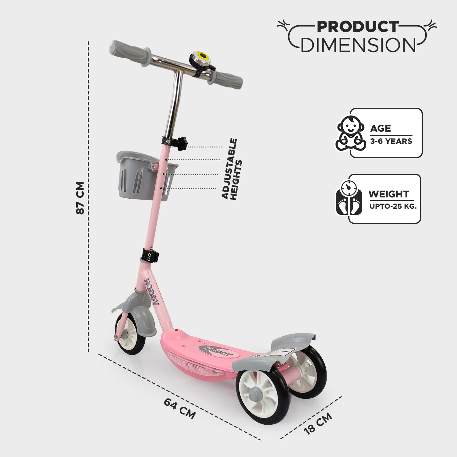 Usmile® brand Noddy scooter for preschool kids, with a removable basket and bell, offering a fun and safe riding experience www.usmile.toys