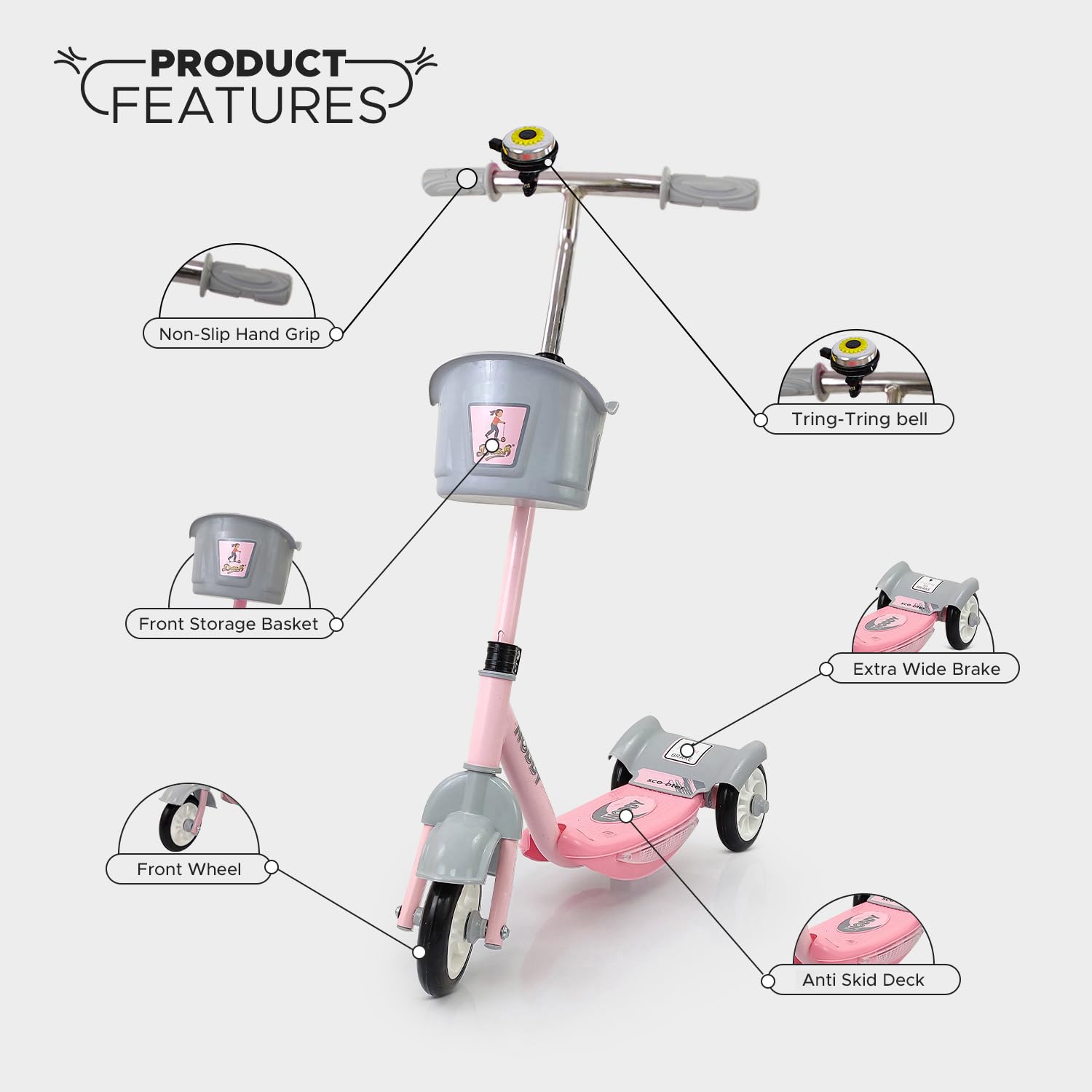 Usmile® brand Noddy scooter for preschool kids, with a removable basket and bell, offering a fun and safe riding experience www.usmile.toys