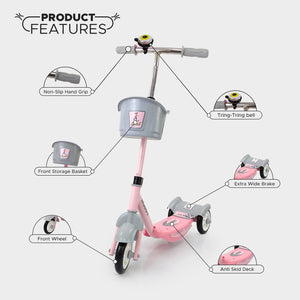 Usmile® brand Noddy scooter for preschool kids, with a removable basket and bell, offering a fun and safe riding experience www.usmile.toys