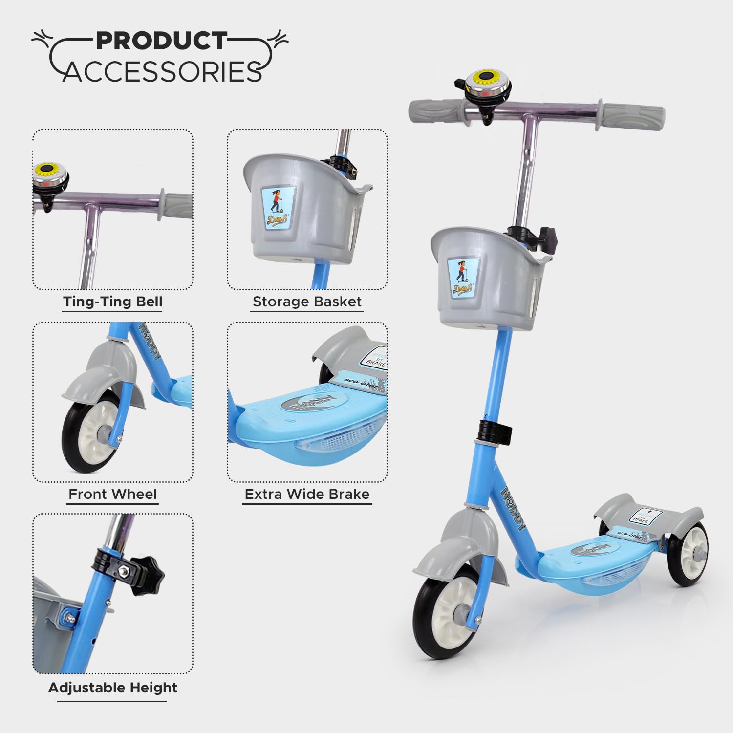 Usmile® brand Noddy scooter for preschool kids, with a removable basket and bell, offering a fun and safe riding experience www.usmile.toys