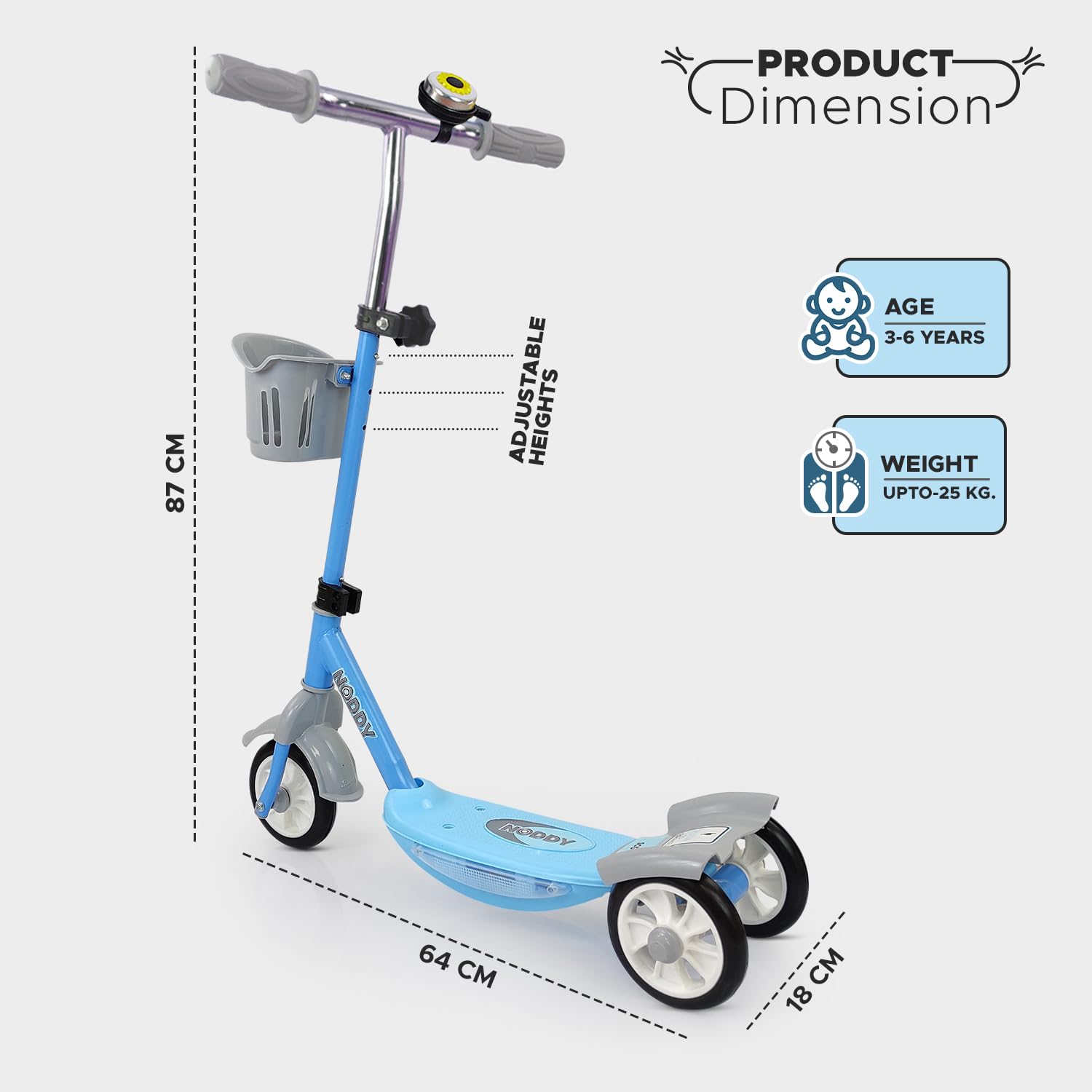 Usmile® brand Noddy scooter for preschool kids, with a removable basket and bell, offering a fun and safe riding experience www.usmile.toys