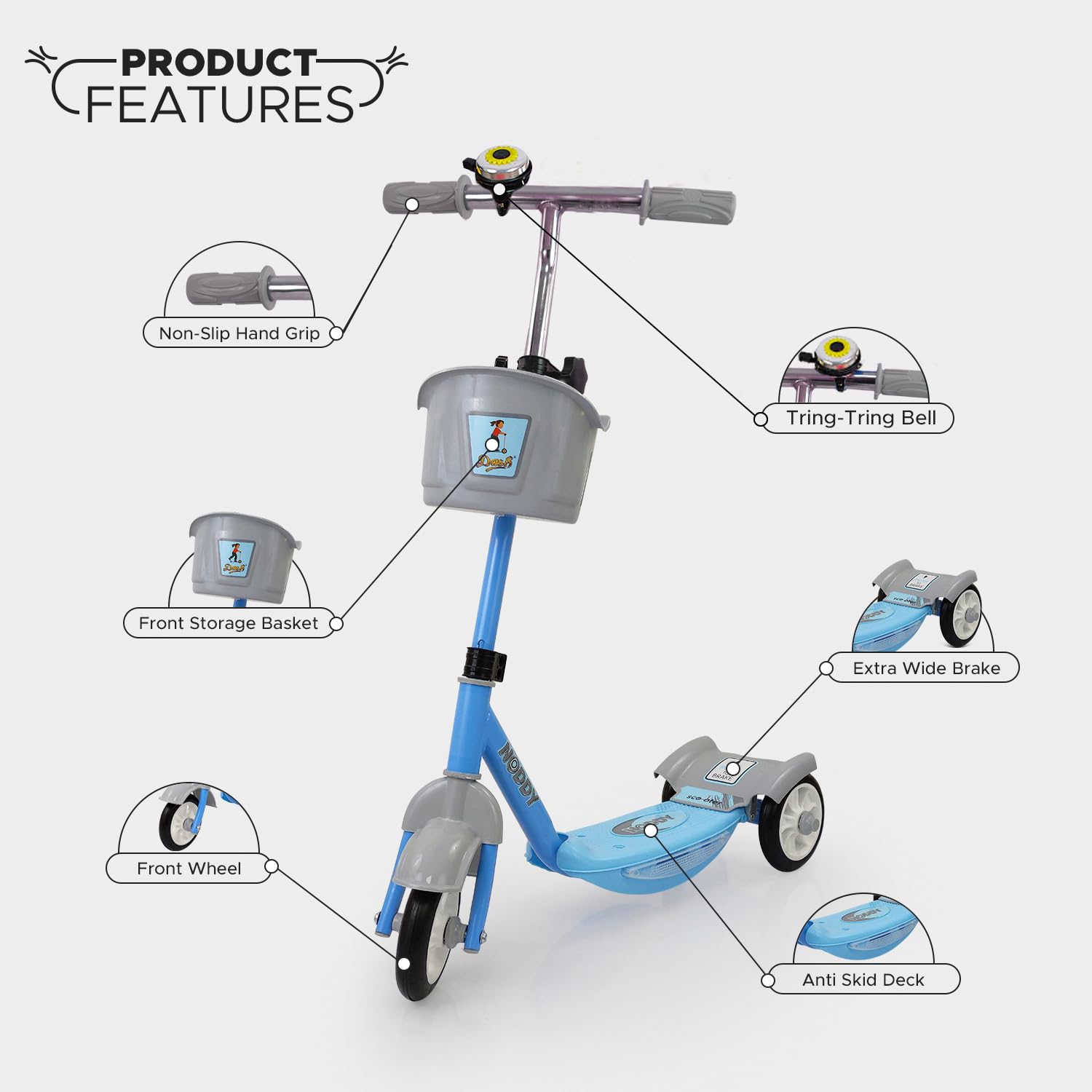 Usmile® brand Noddy scooter for preschool kids, with a removable basket and bell, offering a fun and safe riding experience www.usmile.toys