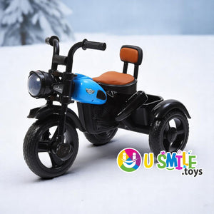 U Smile Toys Ride Himalayan musical tricycle for children, featuring a realistic motorcycle design with headlight and musical functions. www.usmile.toys