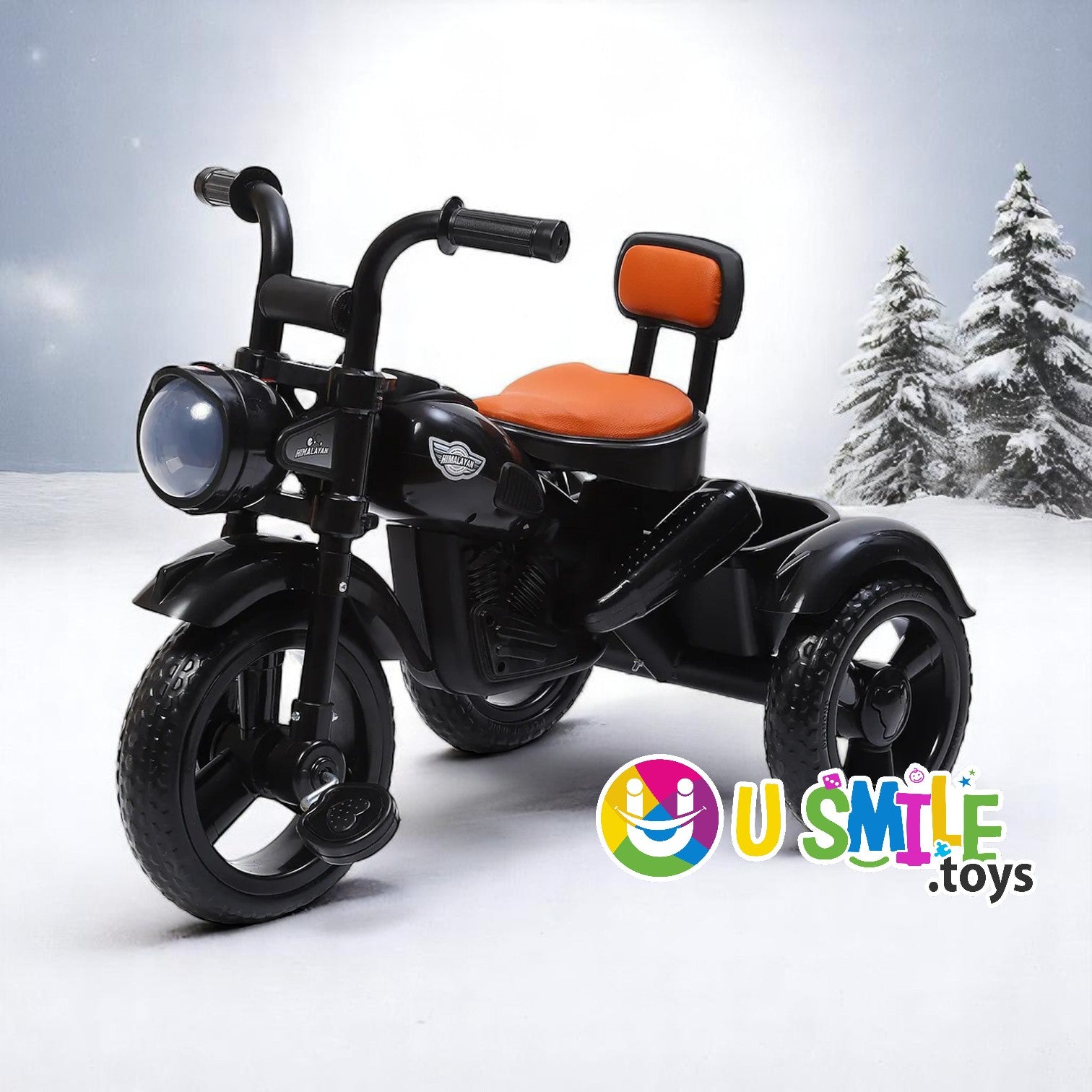 U Smile Toys Ride Himalayan musical tricycle for children, featuring a realistic motorcycle design with headlight and musical functions. www.usmile.toys