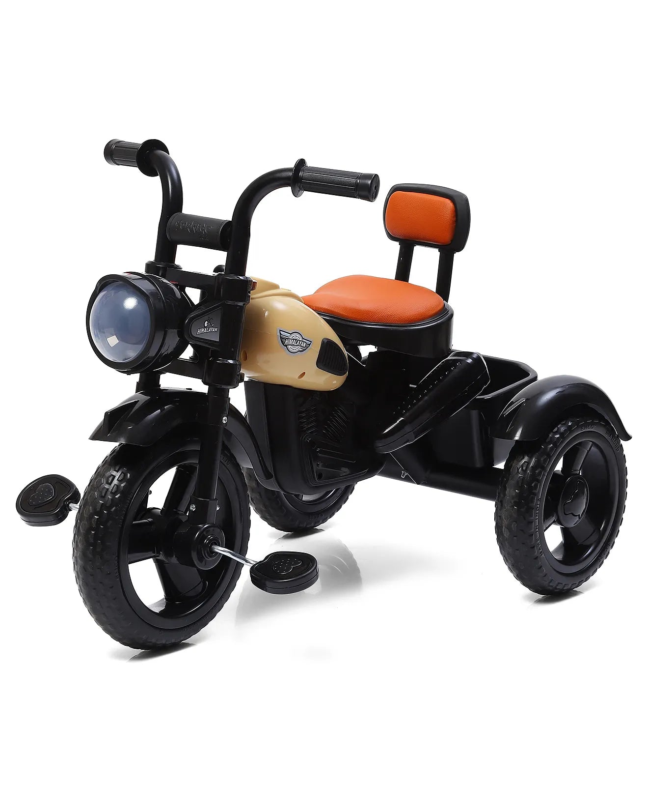 U Smile Toys Ride Himalayan musical tricycle for children, featuring a realistic motorcycle design with headlight and musical functions. www.usmile.toys