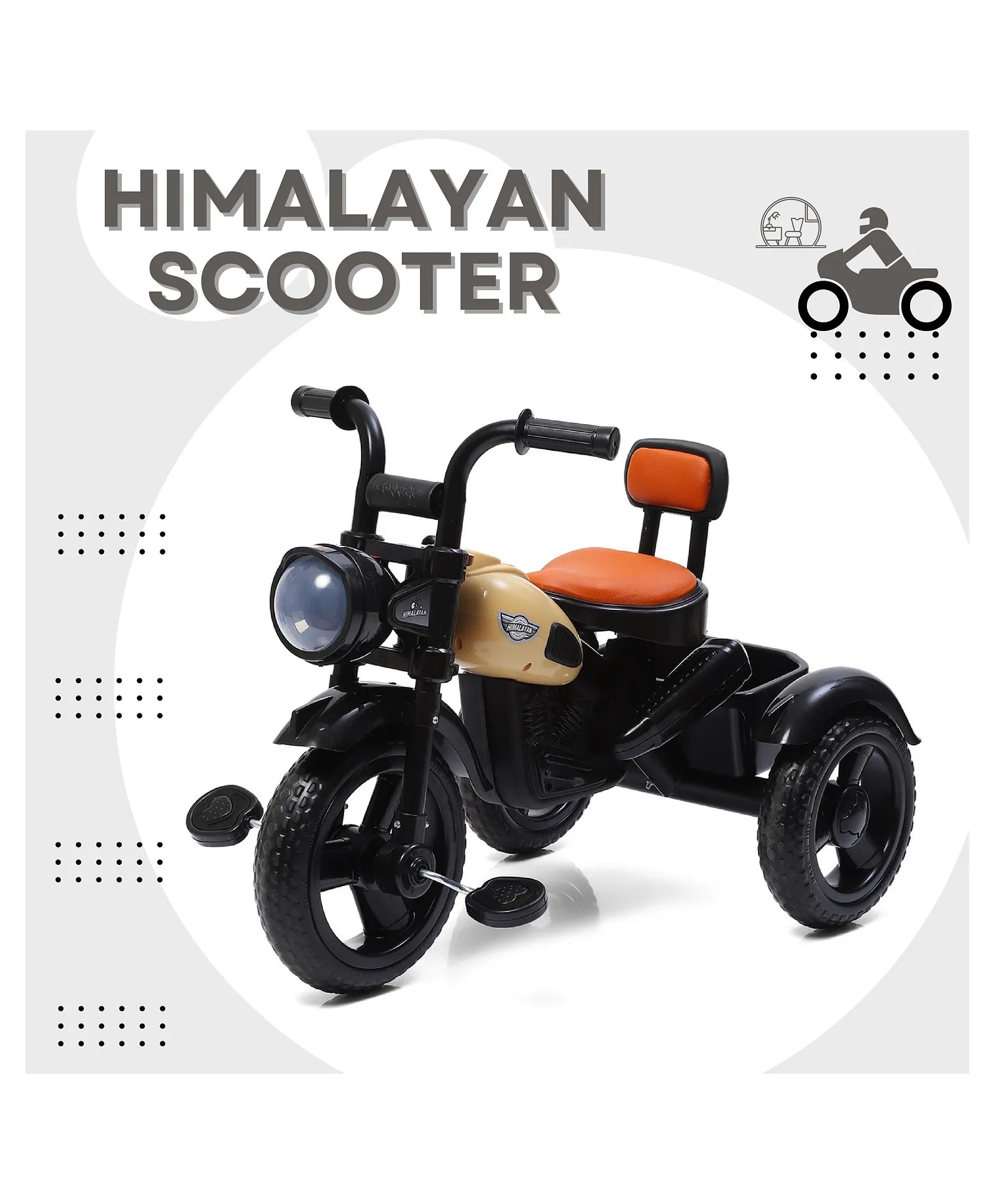 U Smile Toys Ride Himalayan musical tricycle for children, featuring a realistic motorcycle design with headlight and musical functions. www.usmile.toys