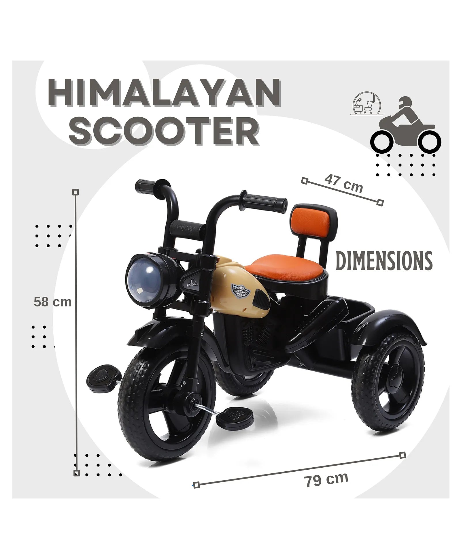 U Smile Toys Ride Himalayan musical tricycle for children, featuring a realistic motorcycle design with headlight and musical functions. www.usmile.toys