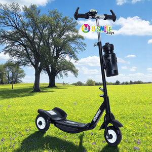 Black Fun Ride Kids Kick Scooter Rush DX with a water bottle holder, lights on wheels, and U Smile Toys branding on a grassy field www.usmile.toys