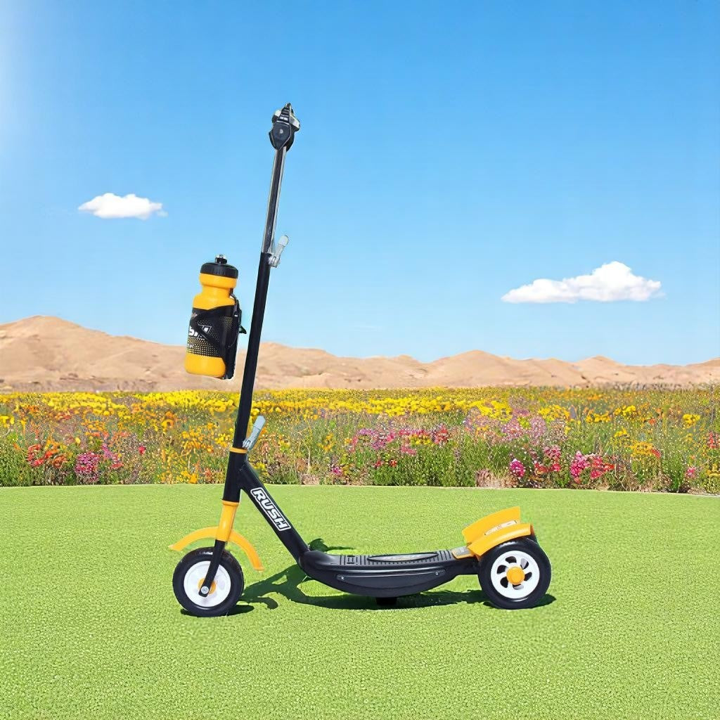 Black Fun Ride Kids Kick Scooter Rush DX with a water bottle holder, lights on wheels, and U Smile Toys branding on a grassy field www.usmile.toys