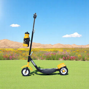 Black Fun Ride Kids Kick Scooter Rush DX with a water bottle holder, lights on wheels, and U Smile Toys branding on a grassy field www.usmile.toys