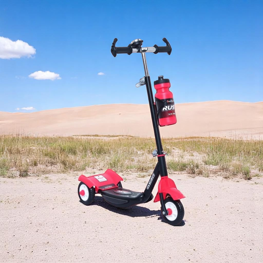 Black Fun Ride Kids Kick Scooter Rush DX with a water bottle holder, lights on wheels, and U Smile Toys branding on a grassy field www.usmile.toys