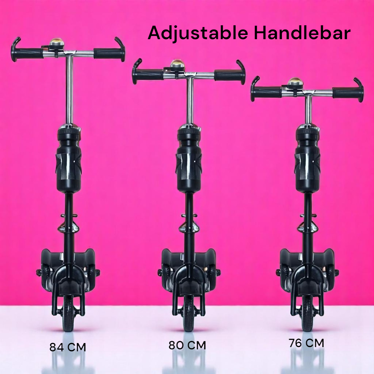 Black Fun Ride Kids Kick Scooter Rush DX with a water bottle holder, lights on wheels, and U Smile Toys branding on a grassy field www.usmile.toys