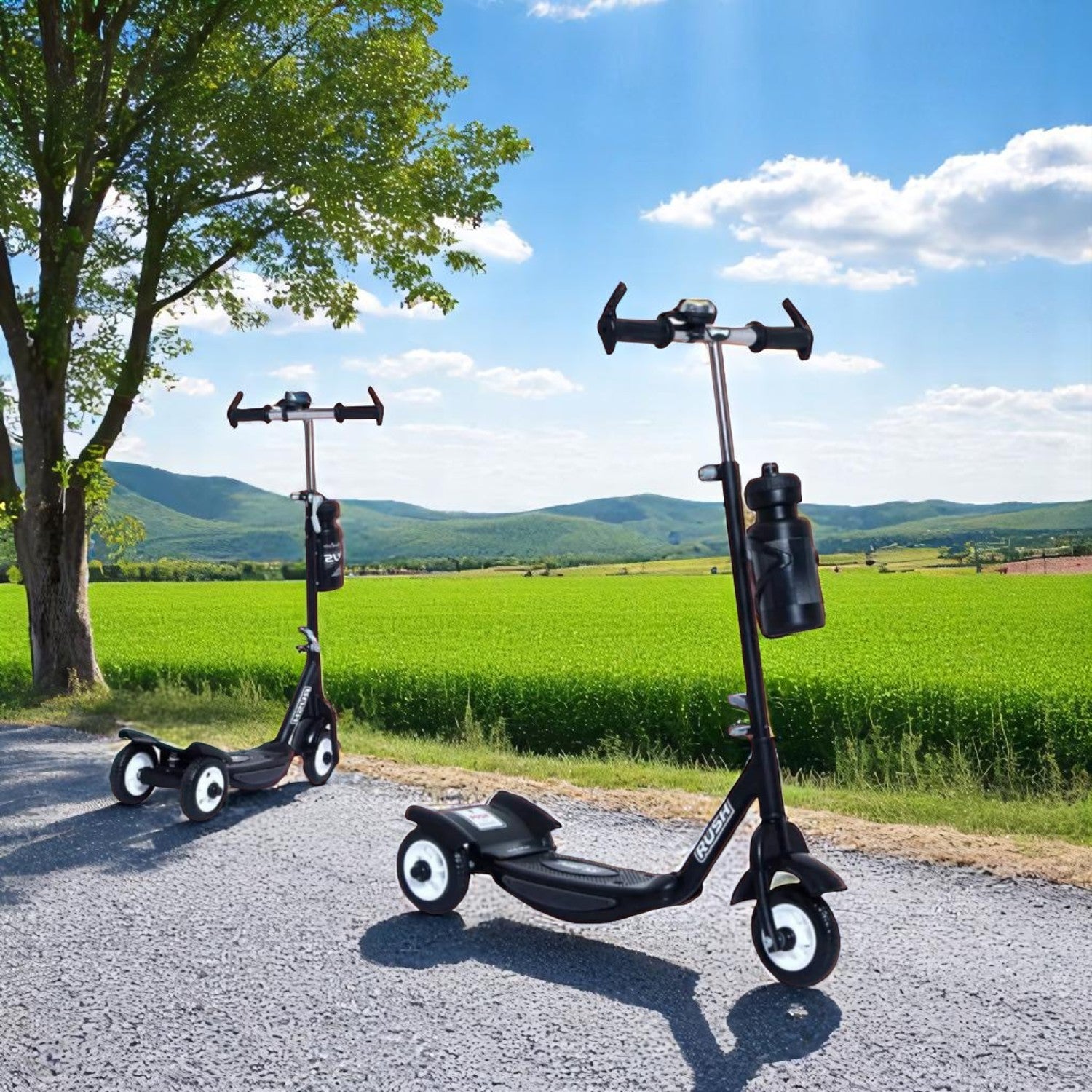 Black Fun Ride Kids Kick Scooter Rush DX with a water bottle holder, lights on wheels, and U Smile Toys branding on a grassy field www.usmile.toys