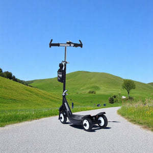 Black Fun Ride Kids Kick Scooter Rush DX with a water bottle holder, lights on wheels, and U Smile Toys branding on a grassy field www.usmile.toys