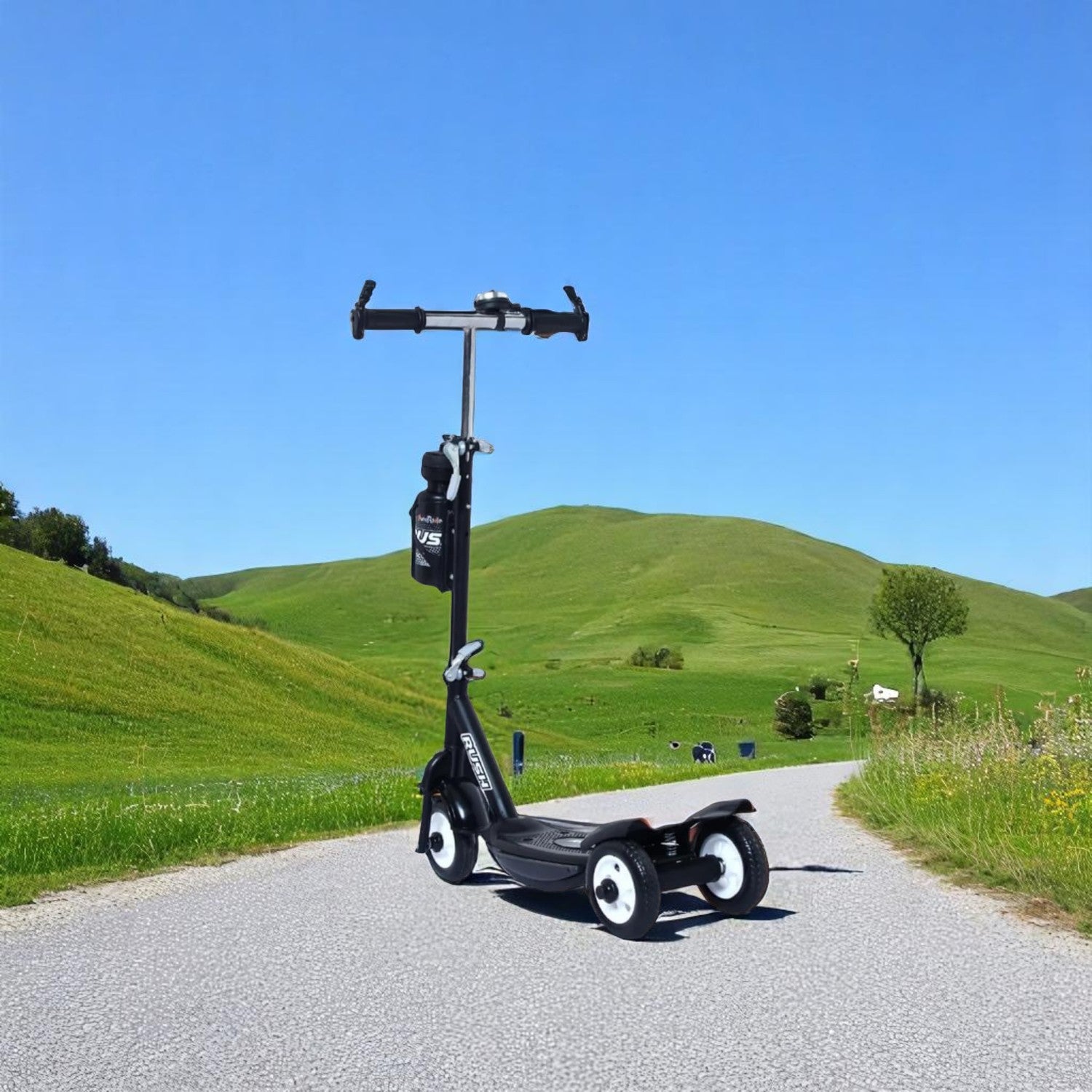 Black Fun Ride Kids Kick Scooter Rush DX with a water bottle holder, lights on wheels, and U Smile Toys branding on a grassy field www.usmile.toys