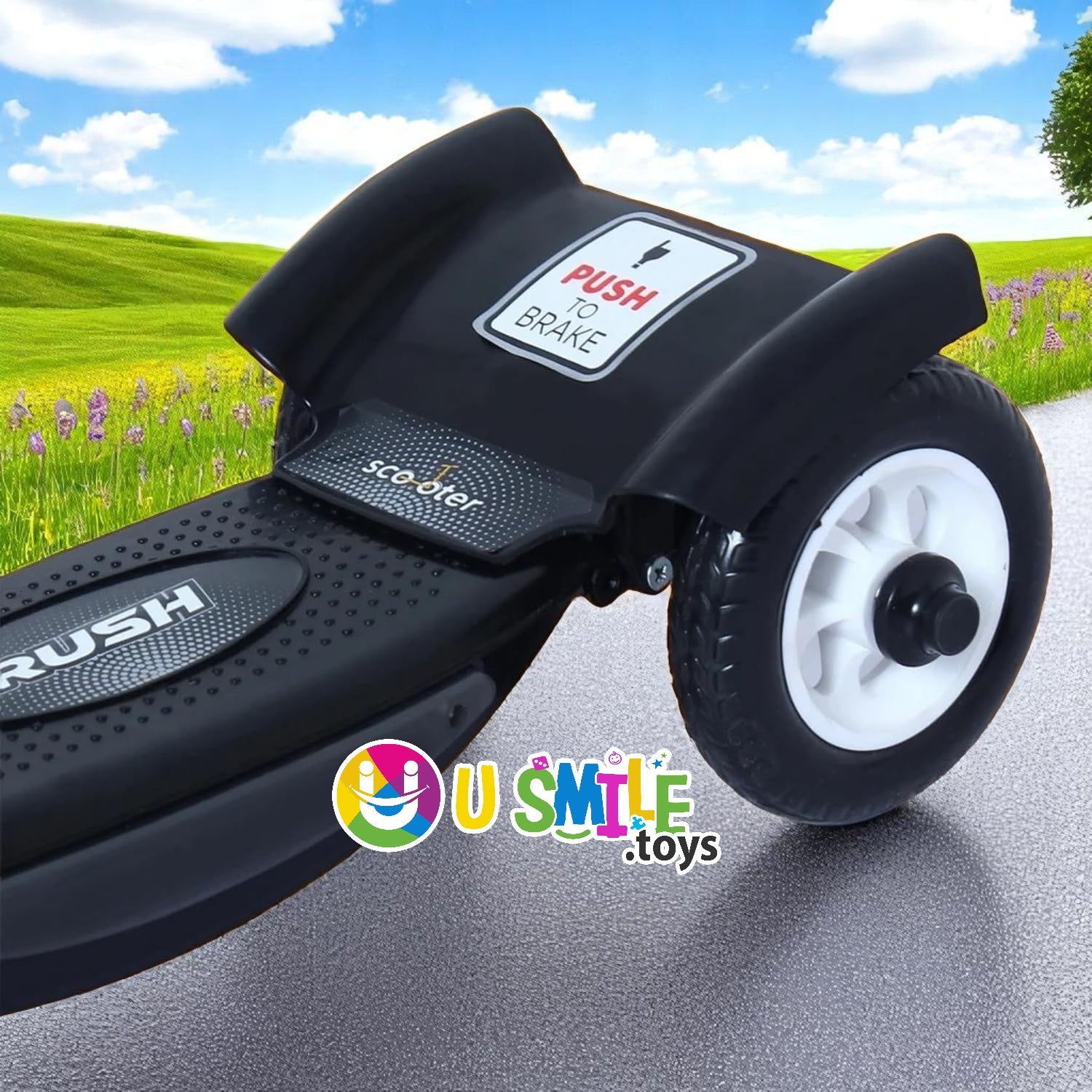 U Smile Toys durable black kick scooter for kids, featuring a stable 3-wheel design, front fender, and a "RUSH DX" logo www.usmile.toys