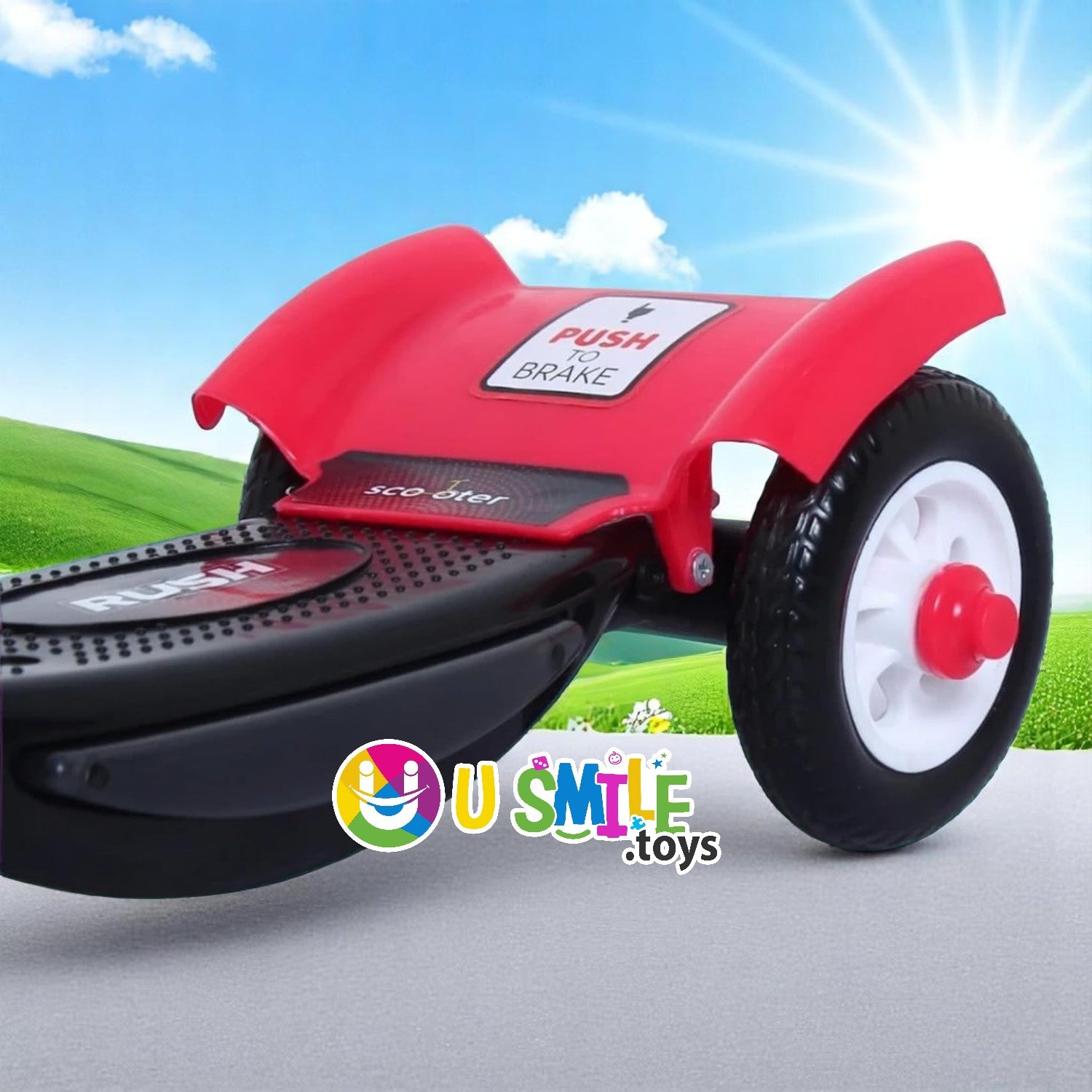 U Smile Toys durable black kick scooter for kids, featuring a stable 3-wheel design, front fender, and a "RUSH DX" logo www.usmile.toys