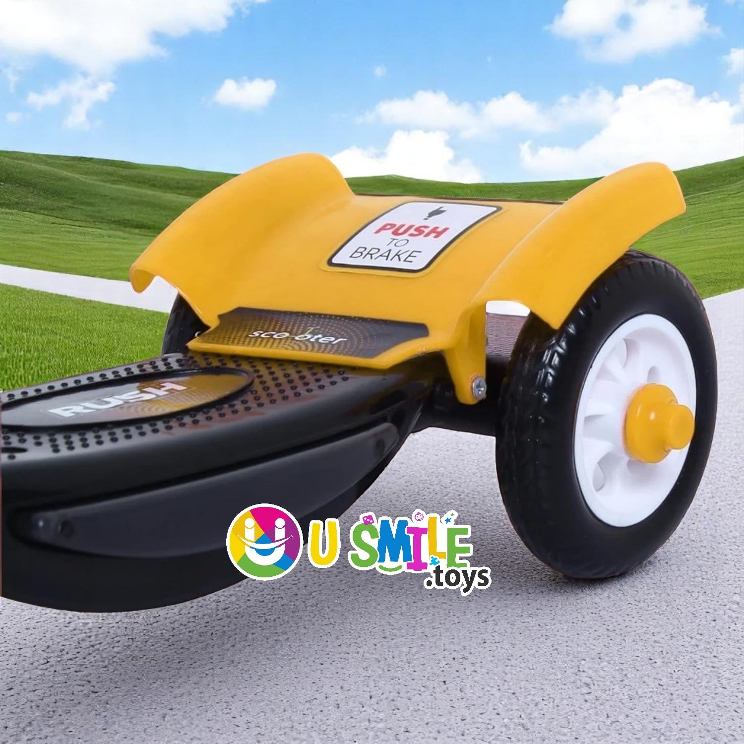 U Smile Toys durable black kick scooter for kids, featuring a stable 3-wheel design, front fender, and a "RUSH DX" logo www.usmile.toys
