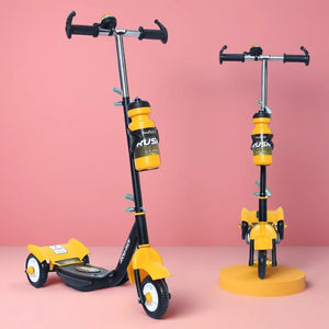 U Smile Toys durable black kick scooter for kids, featuring a stable 3-wheel design, front fender, and a "RUSH DX" logo www.usmile.toys