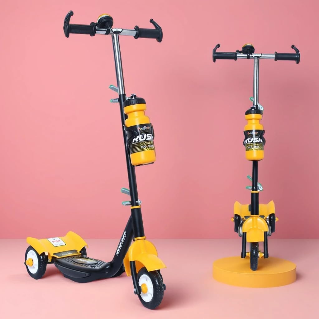 U Smile Toys durable black kick scooter for kids, featuring a stable 3-wheel design, front fender, and a "RUSH DX" logo www.usmile.toys