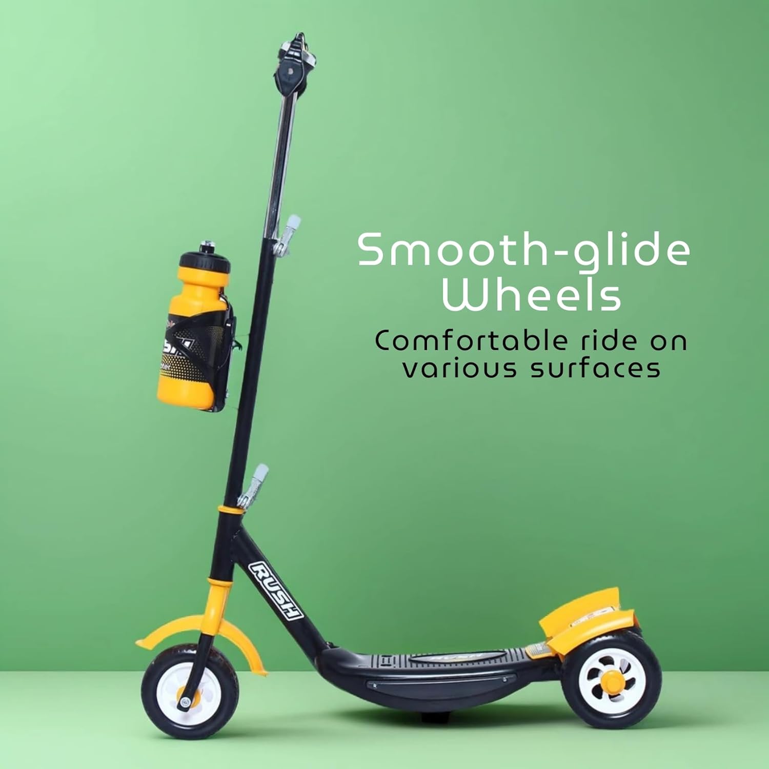 Children's Rush DX kick scooter in black with white wheels and a water bottle attachment, perfect for outdoor adventures and active play www.usmile.toys