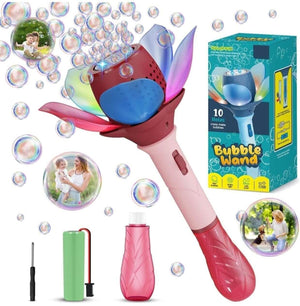 Electric Bubble Stick for Kids shaped like a colorful flower, an automatic bubble machine creating numerous bubbles, with included bubble solution and rechargeable battery. Perfect for outdoor play and parties on usmile.toys. www.usmile.toys