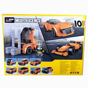 Toy building block set packaging with orange vehicles and 'Multificience' branding.