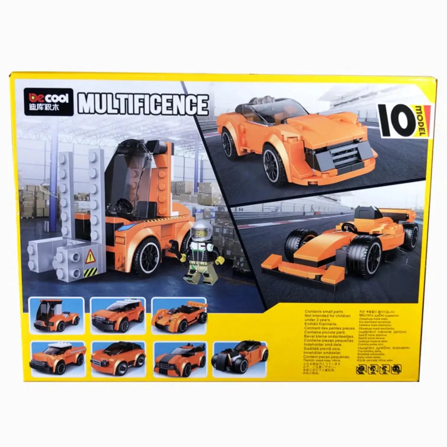 Toy building block set packaging with orange vehicles and 'Multificience' branding.