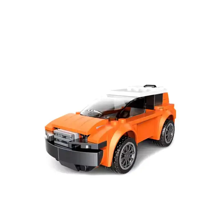 Orange toy car model on a white background