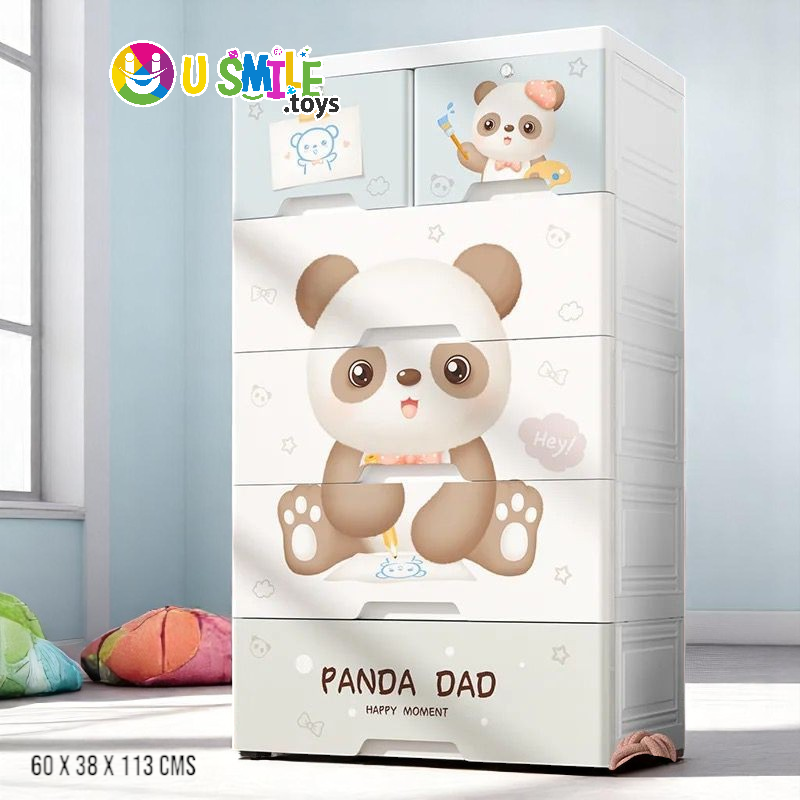 Panda Theme Kids Plastic Wardrobe (Almari) with 5 drawers, featuring cute panda illustrations and "PANDA DAD" text. Dimensions 60 x 38 x 113 CM, perfect for children's room storage and organizing toys and clothes on usmile.toys. www.usmile.toys